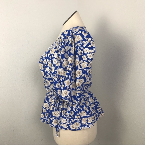 WEEK V-Neck Peplum Top Womens Size M Floral Blue short puffed sleeve pre owned - Picture 2 of 15